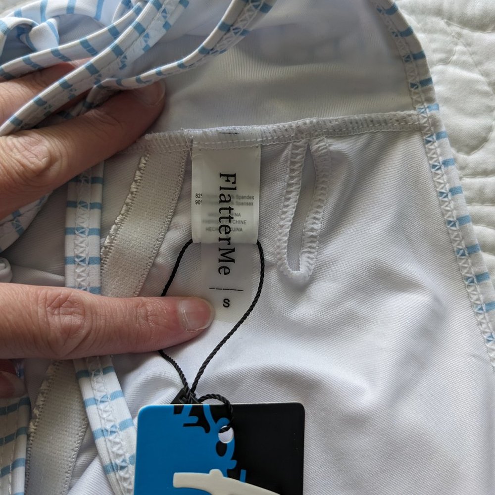 Blue White Criss Cross Lace Up Tie Back One-piece Swimsuit Flatter Me BOHO Small - Picture 9 of 11